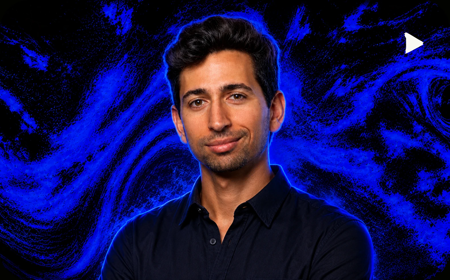 Video still of the speaker on the Qedma brand artwork
