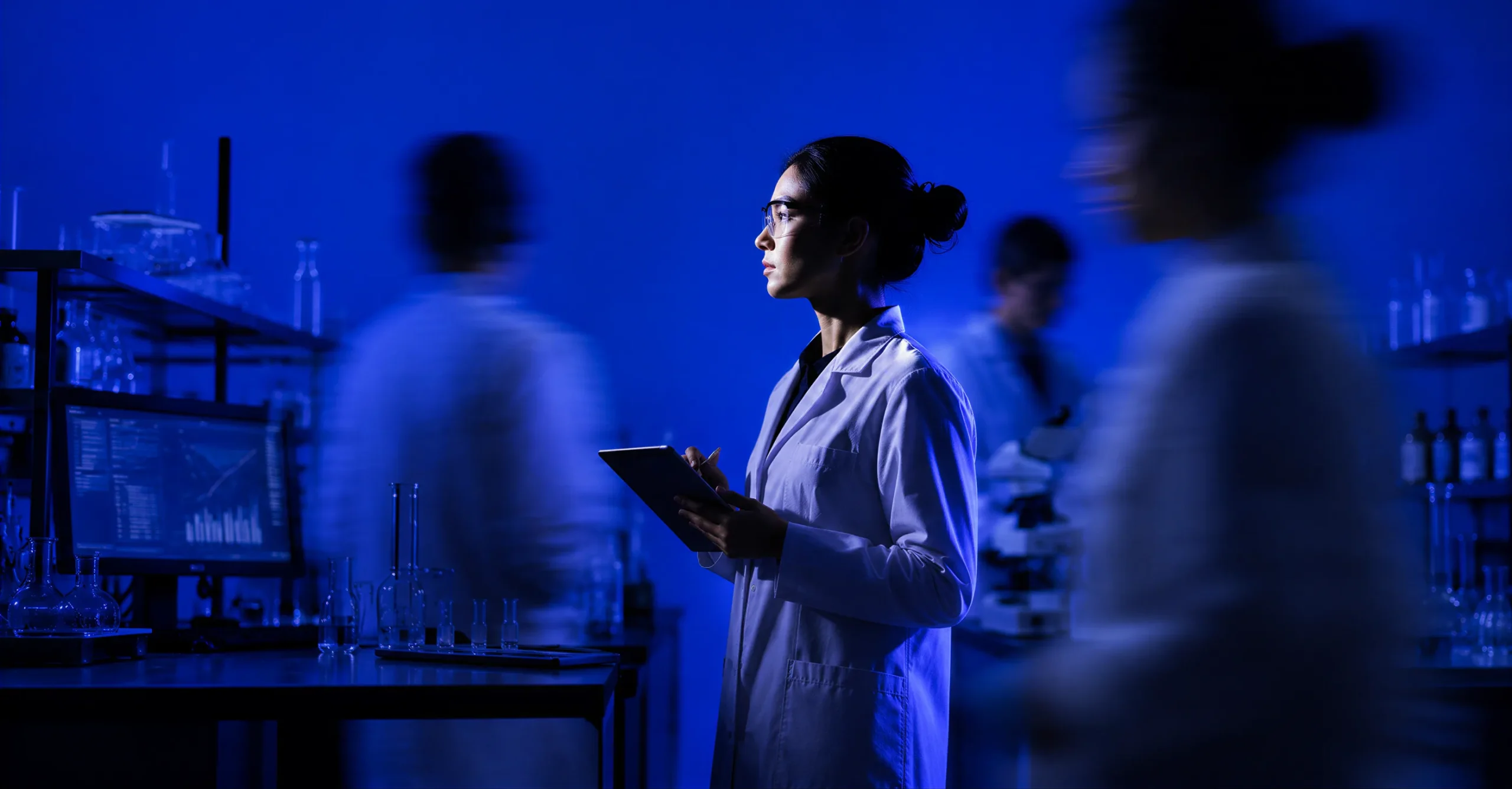A researcher in a lab coat with a tablet, in a laboratory lit blue